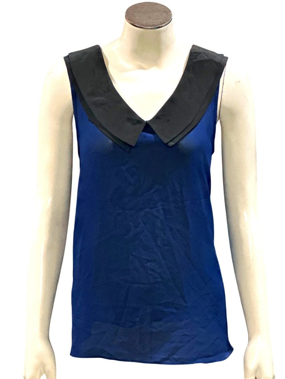 Forever 21 Size Large Blue Black Sheer Collar Sleeveless Blouse Chic Streetcore - Picture 2 of 8